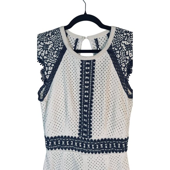 Saylor Ivory & Navy M Lace Embroidered Romper Open Back & Ribbon Tie Detail - Picture 5 of 15